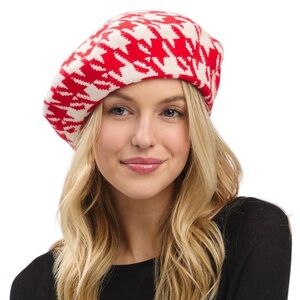 Red & White Houndstooth Soft Knit French Beret